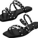 DAYDAYGO Sandals for women - Cute Square Open Toe Dressy Slide Sandal - Comfortable Stylish Flat Sandal Slides Shoes With Striking straps and Soft Memory Foam Insole (7.5, Black/Pu/Rivet)
