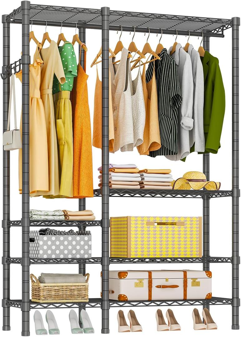 Heavy Duty Garment Rack, Metal Freestanding Closet Wardrobe Clothes Racks for Hanging Clothes, 4 Tiers Adjustable Wire Shelving, 44.9'' L x 16.5'' W x 76.8 '' H, Max Load 980LBS, Black (A3: 5 Tiers with 1 Rods,44.9"L x 16.5"W x 76.8"H)
