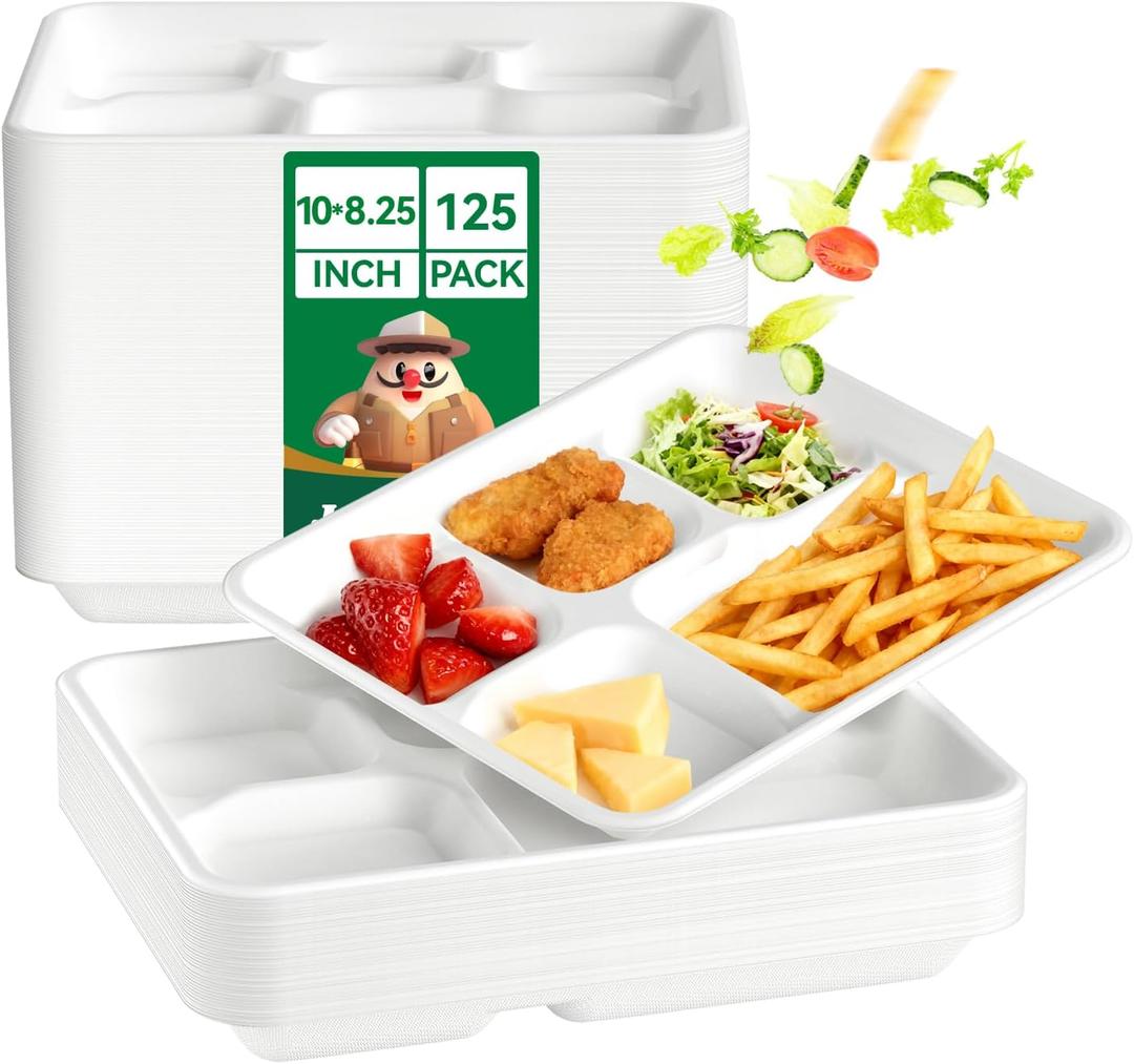 JOLLY CHEF Compostable  Compartment Paper Plates 10*8.25*1  [ ] Small Heavy Duty Divided Disposable White Eco-Friendly Biodegradable Food Tray for School Lunch Dinner Christmas