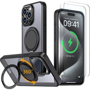 Magnetic Stand Case for iPhone 14 Pro [with 2 Tempered Glass Film] [360 Rotation Magnetic Stand] [Compatible with Magsafe] Military-Grade Drop Protection Case, Black