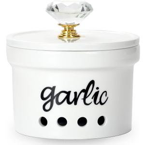 HAOTOP Garlic Keeper with Crystal Lid, 12.5 oz Ceramic Garlic Saver Container for Countertop, Farmhouse Kitchen Decor (Gold)