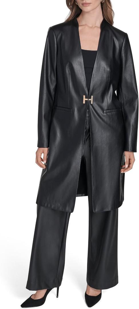 HALSTON Women's Long Vegan Leather Gold Hardware Jacket, Size 8