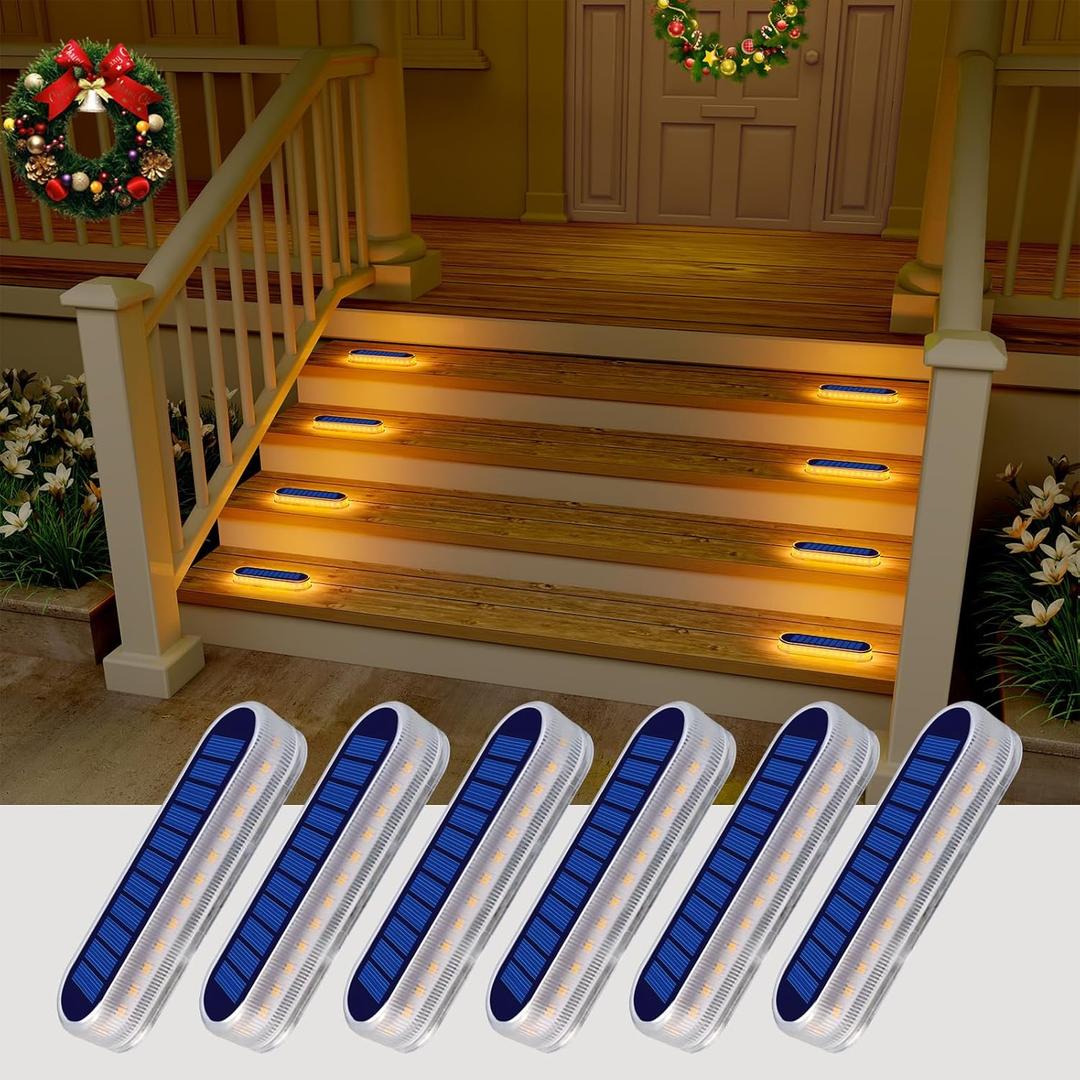 Solar Deck Lights, 6 Pack Waterproof LED Path Lights, Outdoor Solar Step Lights, Solar Powered Light Bar for Stairs, Driveway, Walkway, Pathway, Dock, Porch, Warm White