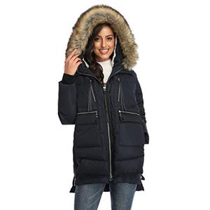 FADSHOW Women's Winter Thickened Down Jackets Long Down Coats Warm Parka with Fur Trimmed Hood,Navy,M
