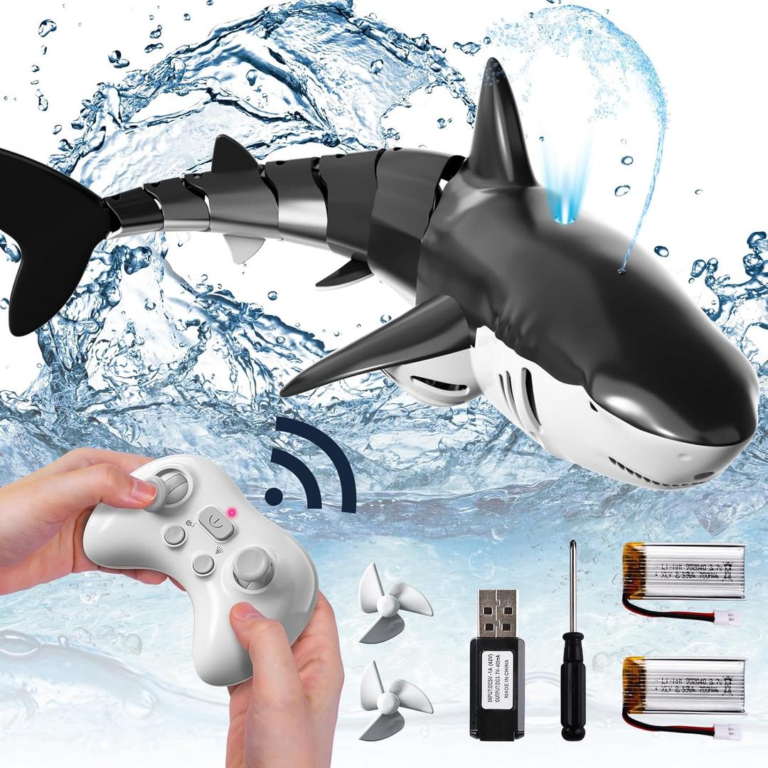 Bennol 2.4Ghz Remote Control Shark Toys for Boys Kids, 1:18 Scale High Simulation Shark for Pool, Electric RC Sharks Fish Toys with Light & Spray Water Function for 4 5 6 7 8 9 Year old Kids Boys