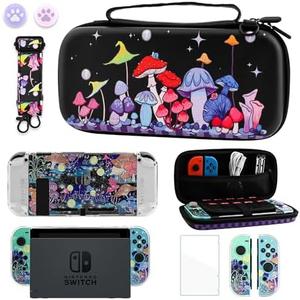GLDRAM Magical Mushroom Carrying Case for Nintendo Switch Durable Travel Storage Bag with Glittery Protective Skin Cover Shell & HD Utral Screen Protector & Shoulder Strap & Thumb Caps for Boys Girls