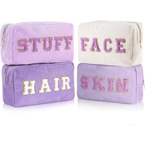 Pinkunn 4 Pcs Preppy Makeup Bags Chenille Letter Travel Organizer Face Skin Hair Stuff Corduroy Cosmetic Hygiene Toiletry Pouch with Zipper Wedding Birthday Gifts for Women