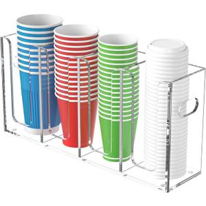 WINFFOR Disposable Cup Organizer Dispenser - 4 Compartments Clear Acrylic Cup and Lid Holder with Handles Plastic Cup Dispenser Countertop Paper Cup Holder for Coffee Bar House Party Essentials