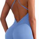 YEOREO Backless Tummy Control Jumpsuits for Women One Piece Workout Jumpsuits Sleeveless V Back Lizvette Scrunch Yoga Rompers Light Blue S