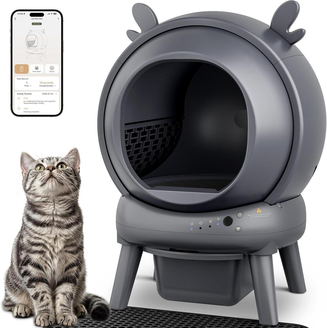 Automatic Self Cleaning Litter Box, Cat Litter Box with APP Control, 65L Globe & Dual Safety Sensors, Robot Litter Box, 1 Roll Garbage Bags and Litter Mat, <35DB, for Multiple Cats, Grey