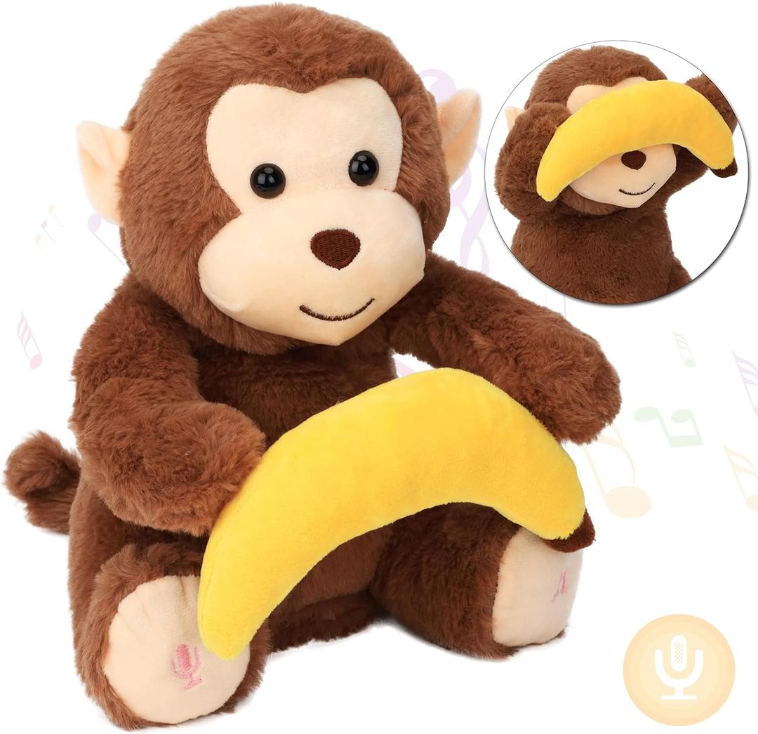 Hopearl Peek A Boo Monkey with Banana Interactive Repeats What You Say Plush Toy Musical Singing Talking Stuffed Animal Adorable Electric Animate Birthday Festival, Brown, 11''