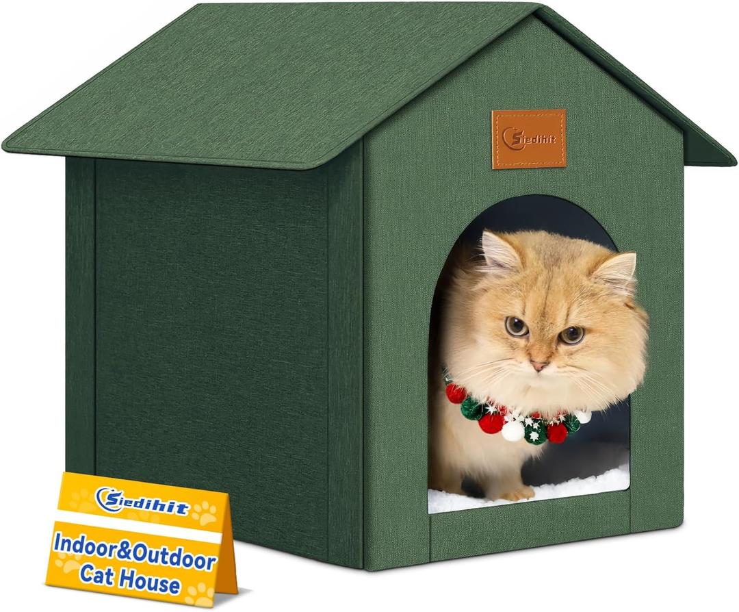 Outdoor Cat House Feral Cat Shelter,Outside Waterproof Cat House for Outdoor/Indoor Cats, Insulated Cat Bed for All Seasons with Cozy Cushion Easy to Assemble Olive Green