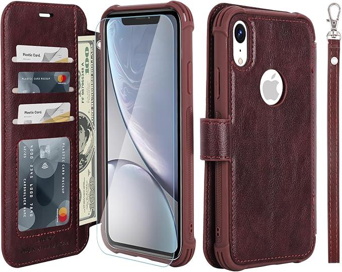 VANAVAGY Compatible for iPhone XR Wallet Case for Women Men, PU Leather Flip Phone Cover with Wrist Strap for Wireless Charging with RFID Blocking Card Holder Screen Protector, Burgundy