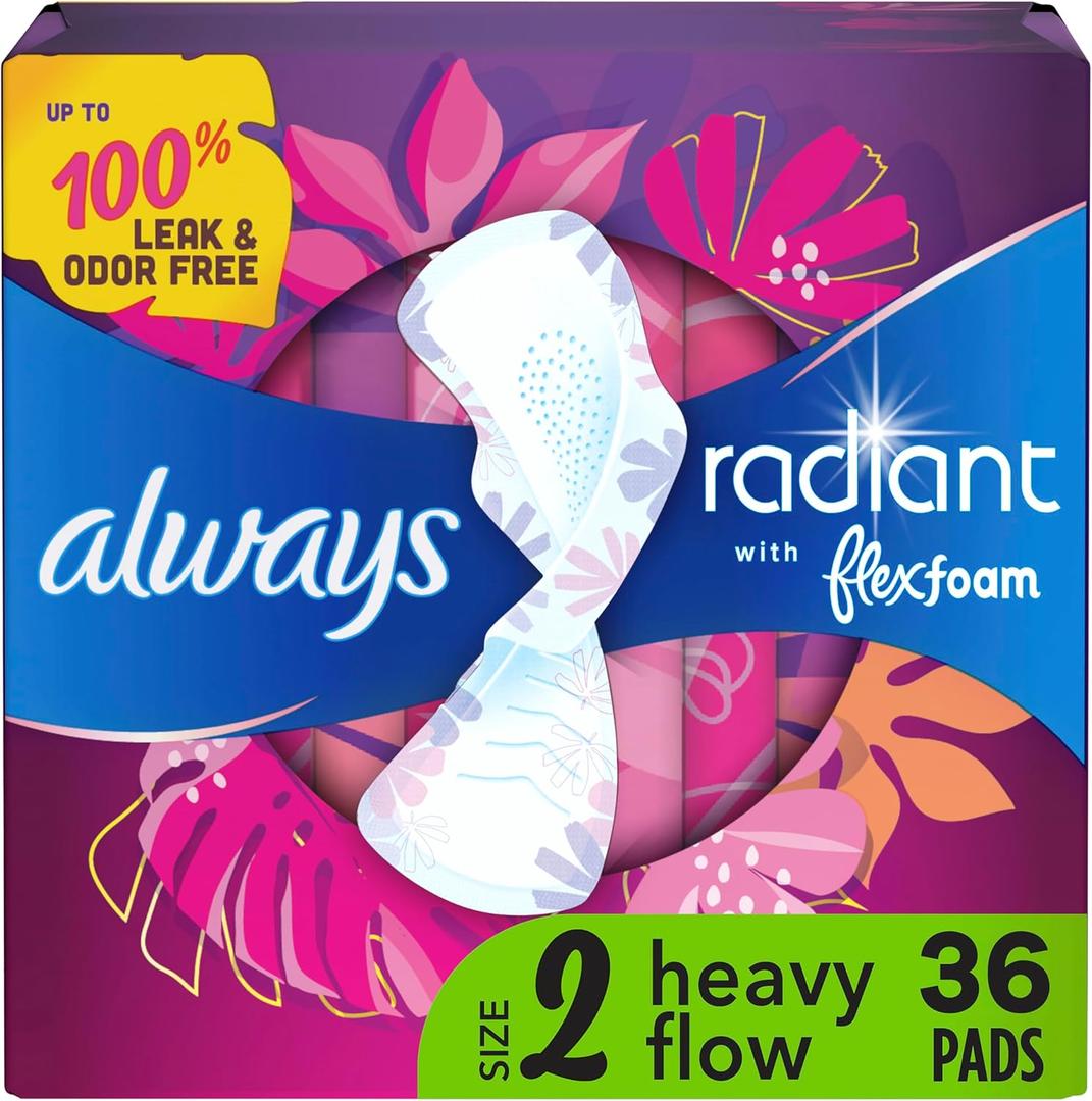 Always Radiant Feminine Pads for Women, Flexfoam Pads with Wings, Size 2, Heavy Absorbency, Lightly Scented, 36 Count (Packaging May Vary)