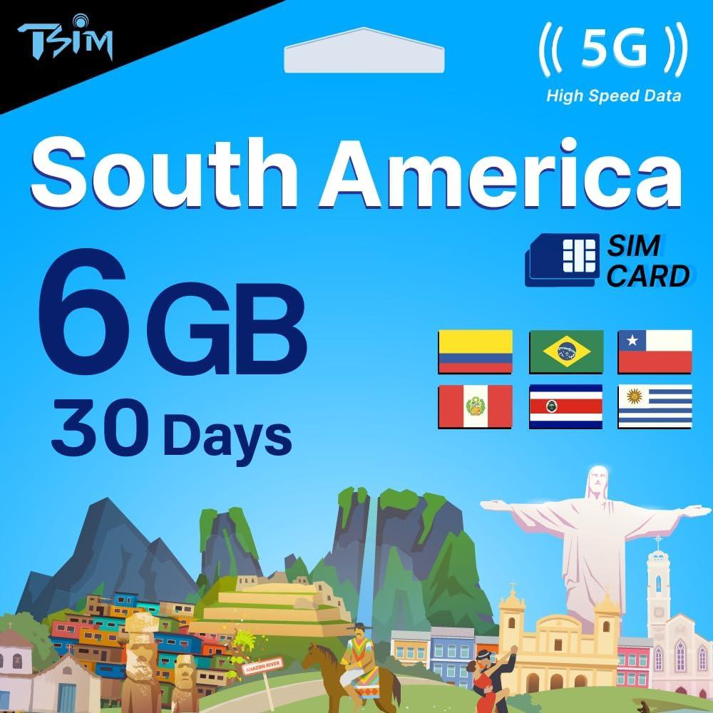 TSIM South America SIM Card 30 Day | 6 GB Internet in 5G/4G/LTE (Data Sharing Allowed) | Use in Brazil, Chile, Colombia, Peru, Uruguay & Costa Rica | High Coverage 5G Network.