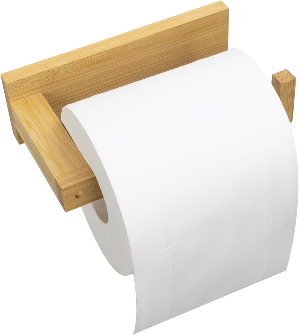 Free Drilling Bamboo Wall-Mounted Toilet Paper Holder Self-Adhesive or Screw Toilet Tissue Roll Holder for Bathroom and Kitchen