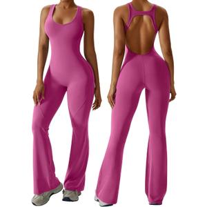 OEAK Womens Flare Jumpsuit with Bra Tummy Control Cutout Romper Workout Outfit Sleeveless Unitard One Piece Backless Bodysuit (Medium, Rose)