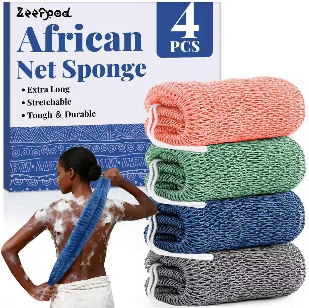 African Net Sponge Authentic-4 Packs African Exfoliating Net Sponge,Bath Sponges for Shower,42 inch Long for Normal to Sensitive Skin, for Daily use, Body Exfoliator Shower (Green,Pink,Blue,Grey)