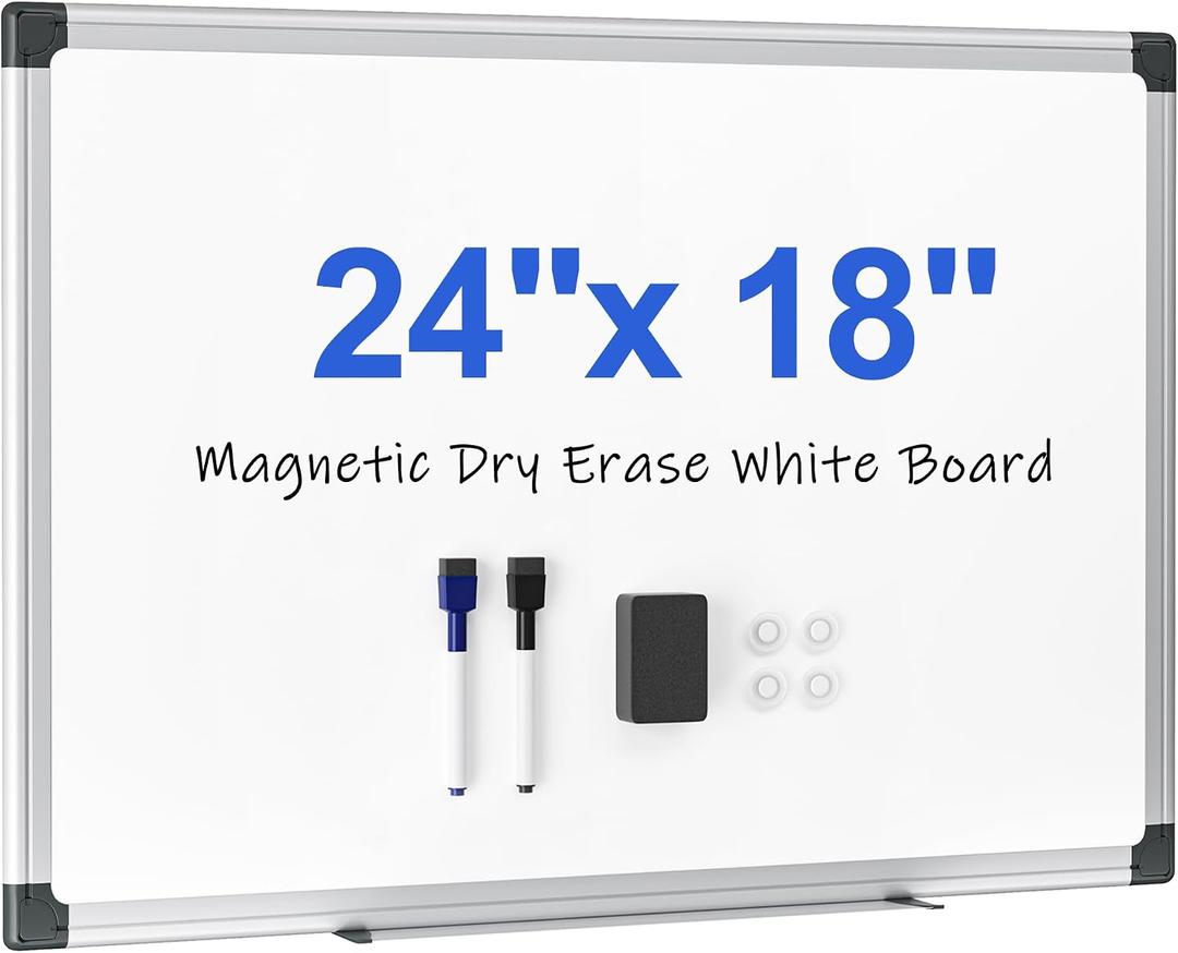 Magnetic White Board 24" x 18" for Wall, Dry Erase Board for Home Office, School, Study Room – Silver Aluminum Frame, 2 Markers, 4 Magnets, Eraser Included