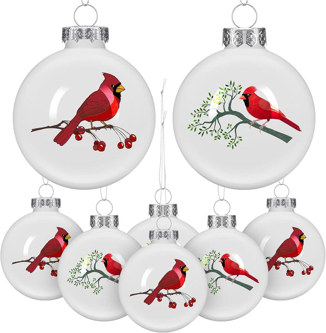 Set of 8 Christmas Cardinal Ornaments - Glass Winter Tree Decorations With Red Berries, Green Leaves - Vintage Blown Glass Ball Hanging Red Bird White Cardinal