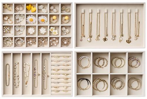 Velvet Jewelry Drawer Organizer Trays – Large Beige Stackable Jewelry Storage Inserts Set, 4-Layer Jewelry Tray Set for Earrings, Rings, Necklaces, Bracelets with Removable Dividers for Dresser,Vanity