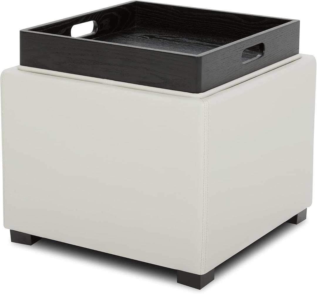 CHITA Storage Ottoman Cube with Tray Lid, Small Footstool with Storage, Square End Table for Living Room and Bedroom, Faux Leather in Light Gray