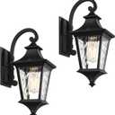 Emliviar 2-Pack Farmhouse Lantern Wall Sconces, 15" Wall Mount Outdoor Lights, Black Finish with Water Ripple Glass, XE292B-2PK-SW BK