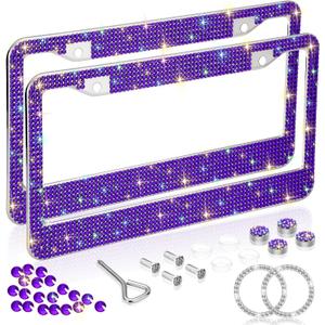 Bling License Plate Frames for Women 2 Pack, Rhinestone Crystal License Plate Cover with Bolts Washer Caps Universal Bling Car Accessories for Girls (Purple)