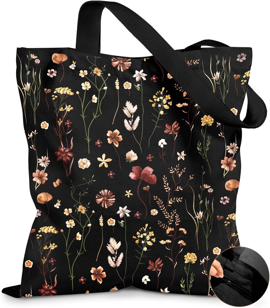 Canvas Tote Bag for Women  Aesthetic Canvas Bag with Zipper Cute Stylish Reusable Shoulder Totes for Shopping Work Daily Vacation, Black Grow Flower