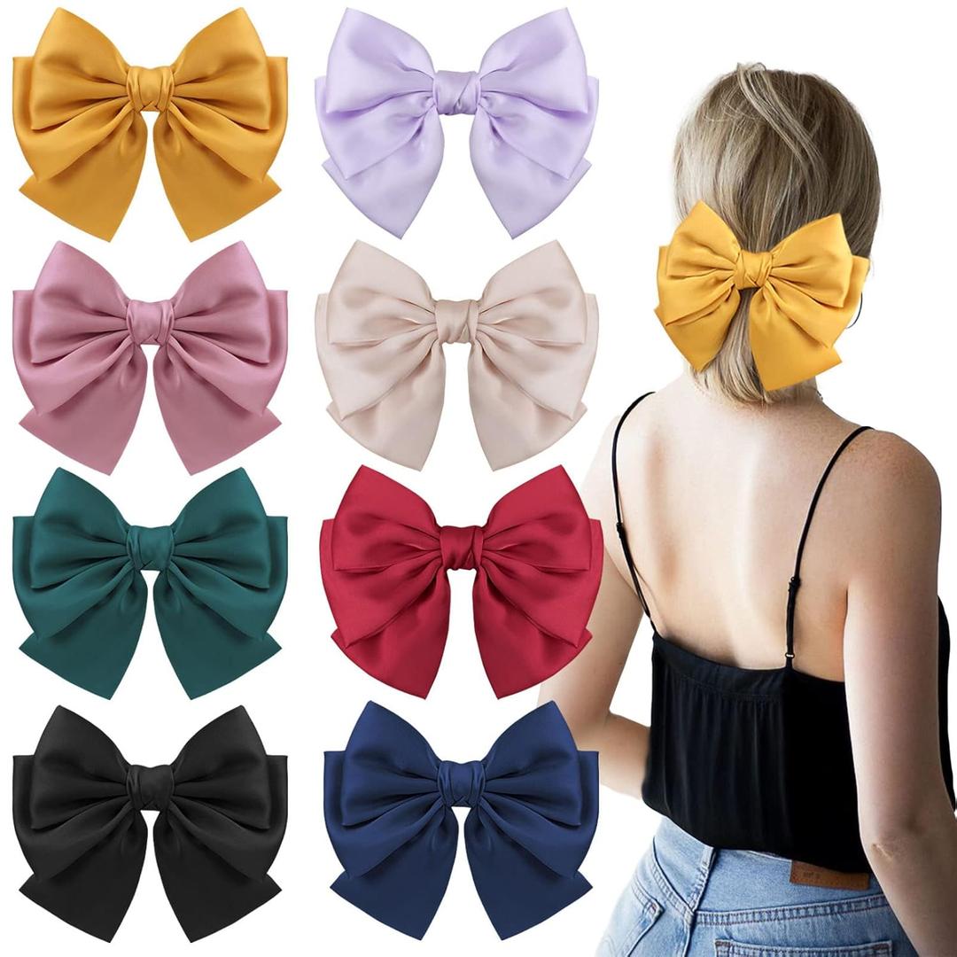 VOBOBE Hair Clip, 8Pcs Big Satin Layered Hair Bows for Women Girls, 7 Inch Barrette Hair Clip, Large Ribbon Bows Style Hair Accessories