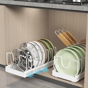 Pull-Out Pots and Pans Organizer, 2 Pack Under Cabinet Pot Lid Holder, Slide Lid Organizers Inside Cabinet, Pot Lid Organizer for Kitchen, Bakeware, Dishes, 8 Adjustable Dividers - White
