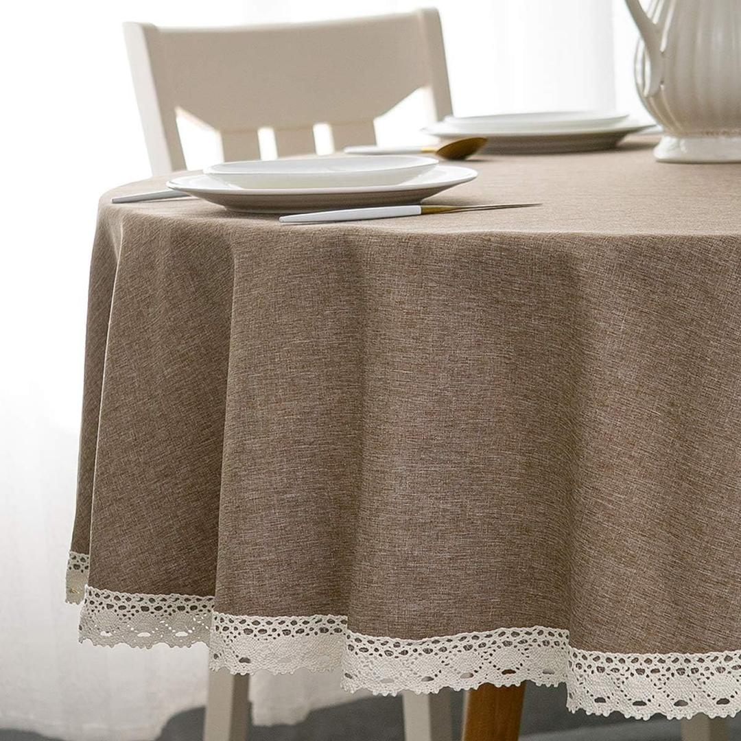 EHouseHome Faux Linen Tablecloth with Lace Trim - Waterproof/Spill Proof/Stain Resistant/Wrinkle Free/Oil Proof - for Banquet, Parties, Dinner, Kitchen, Wedding, Coffee ,Holiday, Flax, Round 60Inch