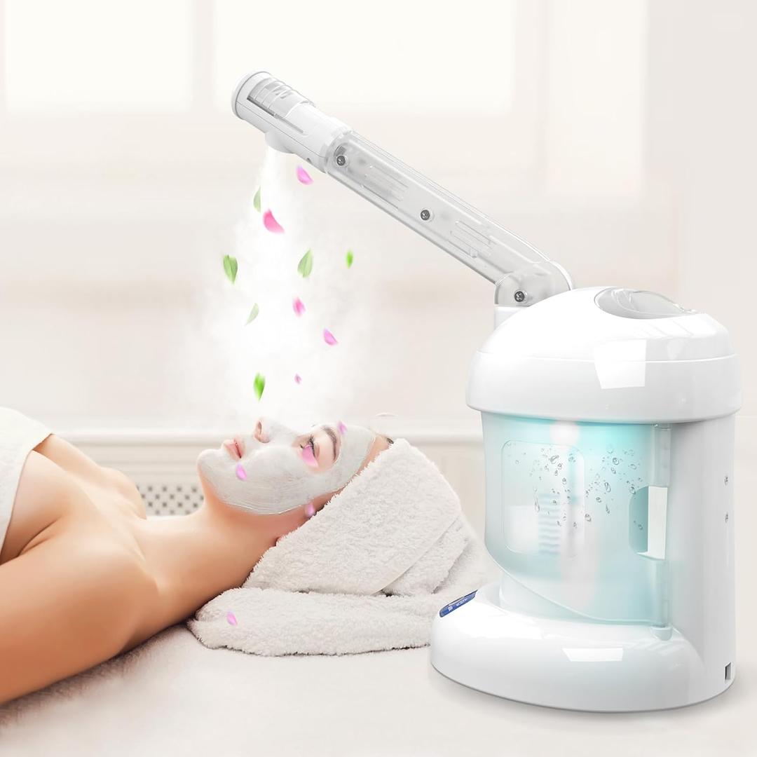 Nisperos Nano Ionic Facial Steamer - 360 Rotatable Sprayer - 40 Minutes Warm Mist - Humidifier - Professional Face Steamer for Facial Deep Cleaning (White)