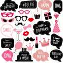 Birthday Photo Booth Props Kit - Happy Birthday Party Favors Supplies Bday Party Decoration Set with Real Glitter Cute Bday Designs for Women - Easy to Assemble 30 Pieces (Rose Gold)