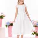 GRACE KARIN Girls Dress Formal Party Wedding Guest Pageant Dress for Teen Girls Ruffle Backless Maxi Sundress Size 6-14 (White)