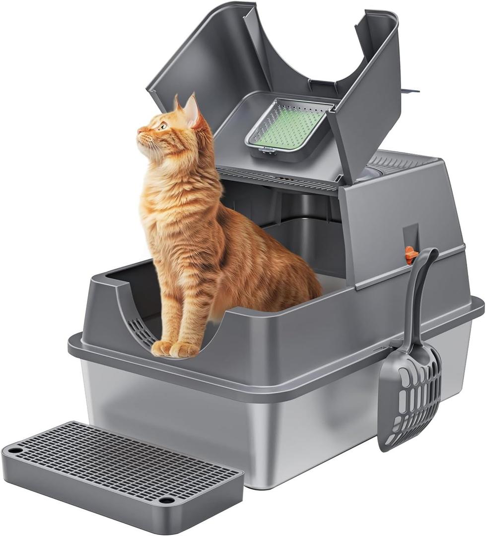 Stainless Steel Litter Box with Lid Large Enclosed High Sided Covered Metal Steel Cat Litter Box with Steps Scoop, Easy Cleaning, Odor Control, Front Entry Top Exit (Dark Grey)