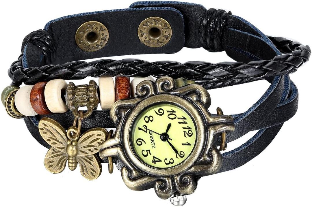 JewelryWe Women Quartz Bracelet Watch Fashion Weave Wrap Around Leather Wrist Watch Classic Bracelet Watch for Summer Beach for Mother's Day