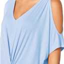LEIYEE Womens Summer Cold Shoulder Tops Short Sleeve Front Twist Knot V Neck T Shirts Draped Blouses (Blue, XL)