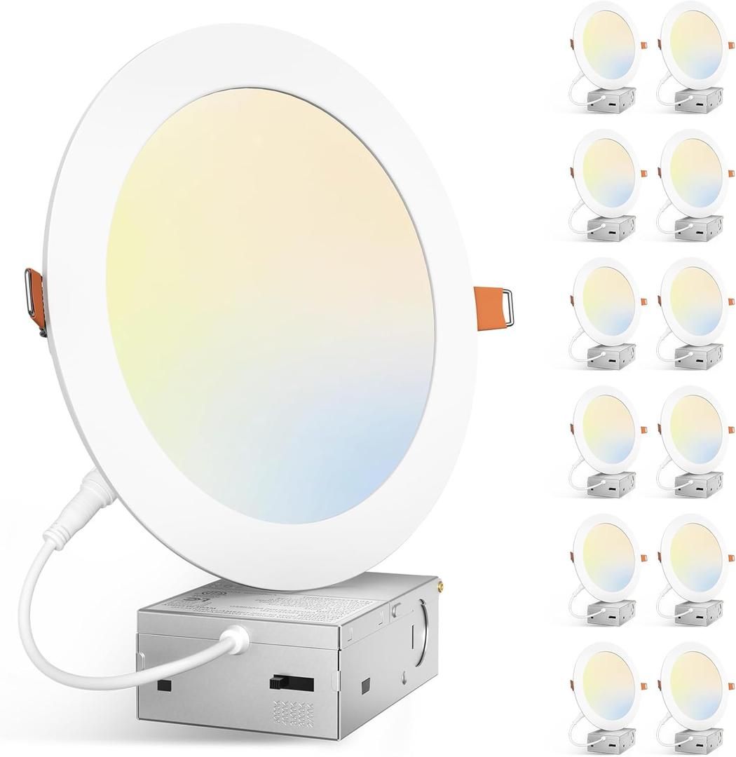 Amico 12 Pack 7 Inch 5CCT Ultra-Thin LED Canless Recessed Ceiling Light with Junction Box, 2700K/3000K/3500K/4000K/5000K Selectable, 15W=100W, 1300LM High Brightness, Dimmable Wafer Downlight, ETL&FCC