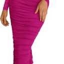 PRETTYGARDEN Womens 2026 Fall Long Sleeve Maxi Dress Off Shoulder Mesh Ruched Bodycon Trendy Long Wedding Guest Dresses (Pink, M)