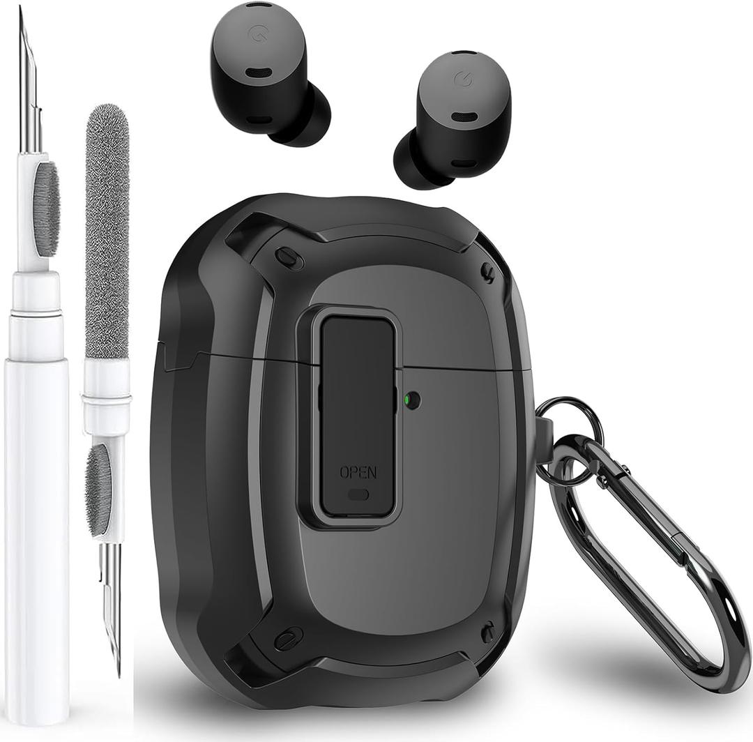 for Google Pixel Buds Pro 2/Pro Case Cover with Lock Clip & Cleaner Pen 2024/2022, Shockproof Protective Hard Shell Skin with Carabiner Men Women - Black