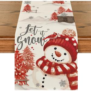 Artoid Mode Xmas Trees Let It Snow Red Snowman Christmas Table Runner, Seasonal Winter Holiday Kitchen Dining Table Decoration for Home Party Decor 13x48 Inch