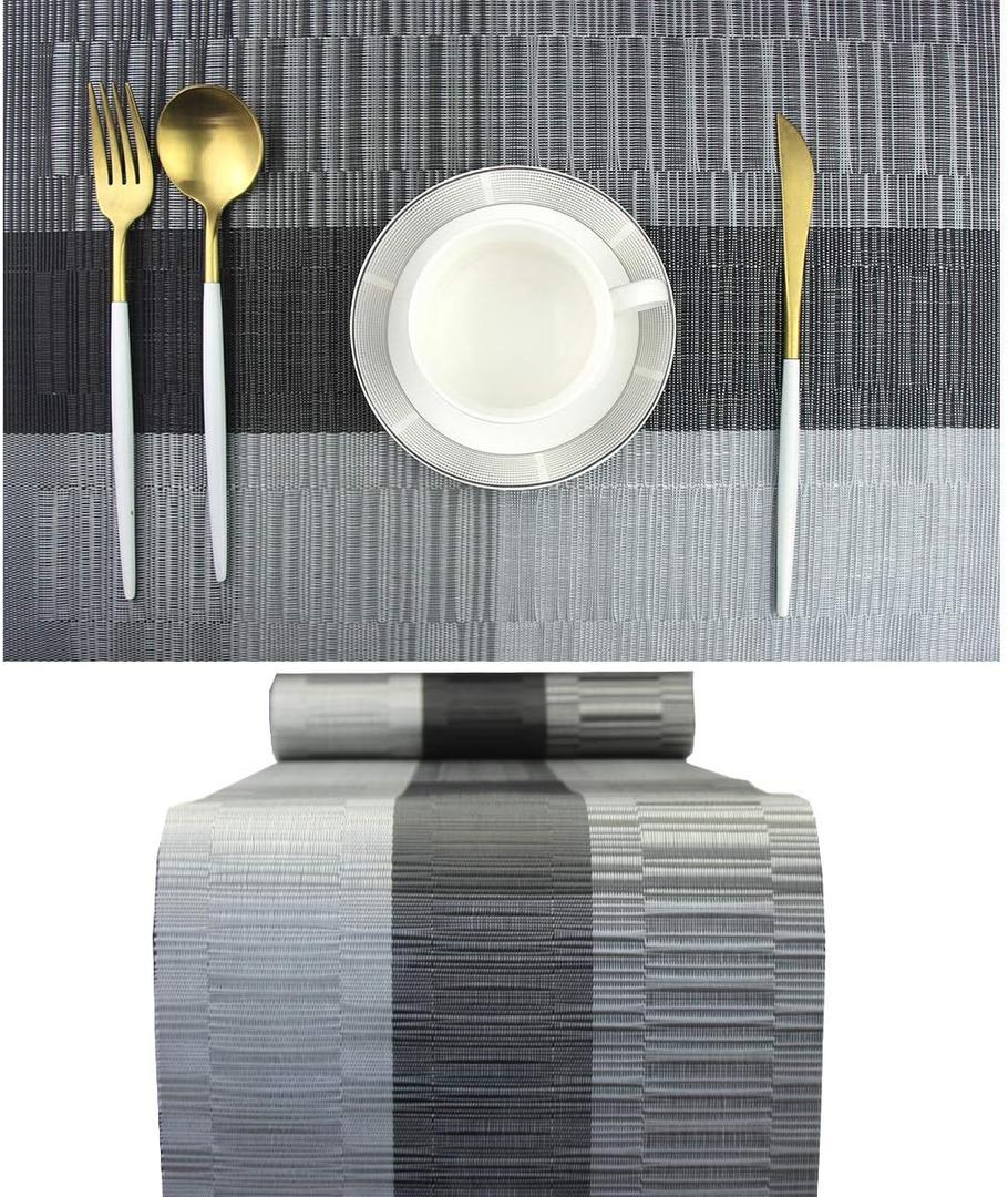 PIGCHCY Elegant Placemats with Matching Table Runner,Washable Durable Vinyl Woven Table Mats Sets(6pcs Placemats+1pcs Table Runner, Black)