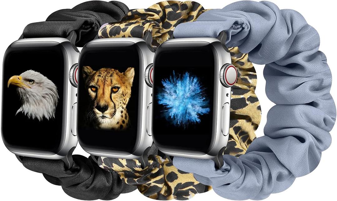 Tiptops 3 Packs Compatible with Apple Watch Bands Scrunchies 38mm-49mm Women Cloth Pattern Printed Fabric Wristbands Straps Elastic for iWatch Ultra 2 Series 10/9/8/7/6/5/4/3/2/1/SE (Black+Leopard+Gray)