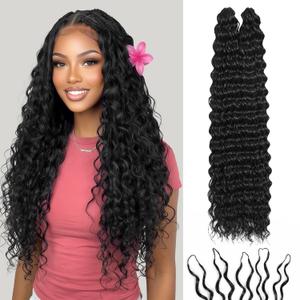 Miracle Knots Feather Crochet Hair (Deep Wave) - 18" Hand-Tied Synthetic Extensions, 50 Strands Soft Cotton Core Glue-Free Knotless Hair Pieces (Natural Black)