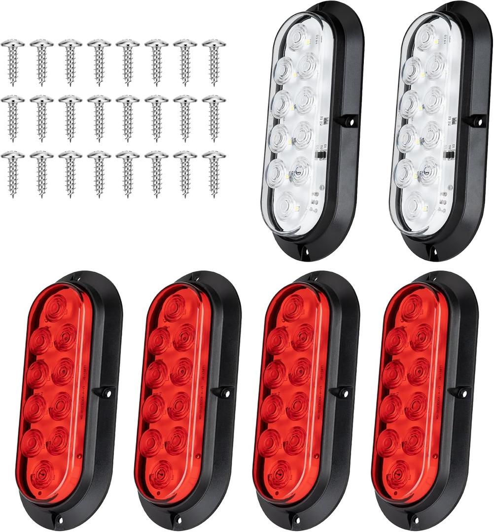 6PCS 6 Inch Oval LED Trailer Tail Lights, 10 LEDs Surface Mount Stop Turn Brake Reverse Back Up Tail Lights, 12V DC Low High Brightness, Waterproof for Truck RV Boat Trailer Bus