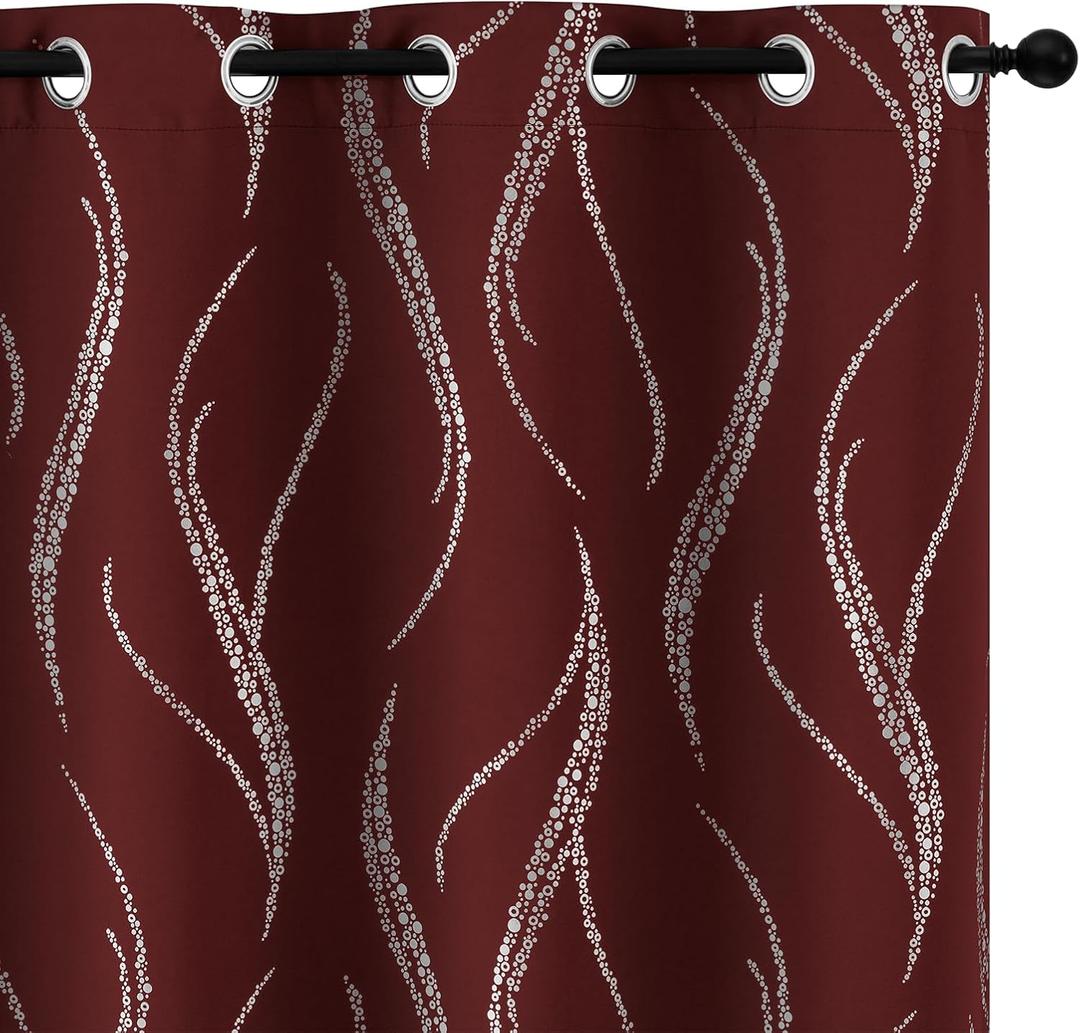 Yakamok Blackout Curtains 84 inch Length Living Room Thermal Insulated Silver Wave Line Dots Pattern Curtains Room Darkening Grommet Curtains for Bedroom, Burgundy, W52 x L84-inch, 2 Panels