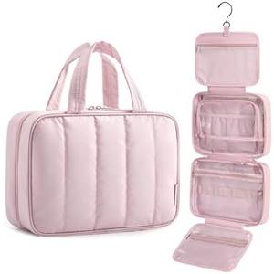 BAGSMART Travel Toiletry Bag for women, Portable Hanging Hook Makeup Bag Organizer, Waterproof Makeup Cosmetic Bag, for Full-Size Accessories, Toiletries, Pink