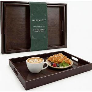 Dark Brown Bamboo Serving Tray Set of 2 with Handles, Nesting Wooden Trays for Serving Food & Drinks, Rectangular Coffee Table Ottoman Tray for Living Room Decor, Large 16.9 & Small 15.6