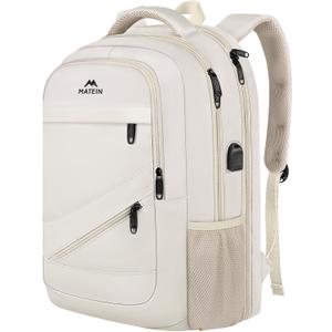 MATEIN 17 inch Laptop Bookbag for Women, College School Backpack Large Capacity with USB Port & Luggage Strap, Water Resistant Padded Computer Backpack TSA Approved for Nurse Work Travel, Beige